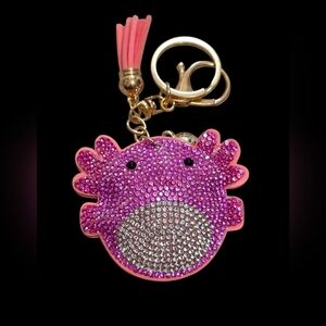 Pink and Silver Axolotl Rhinestone Bag Charm Keychain
